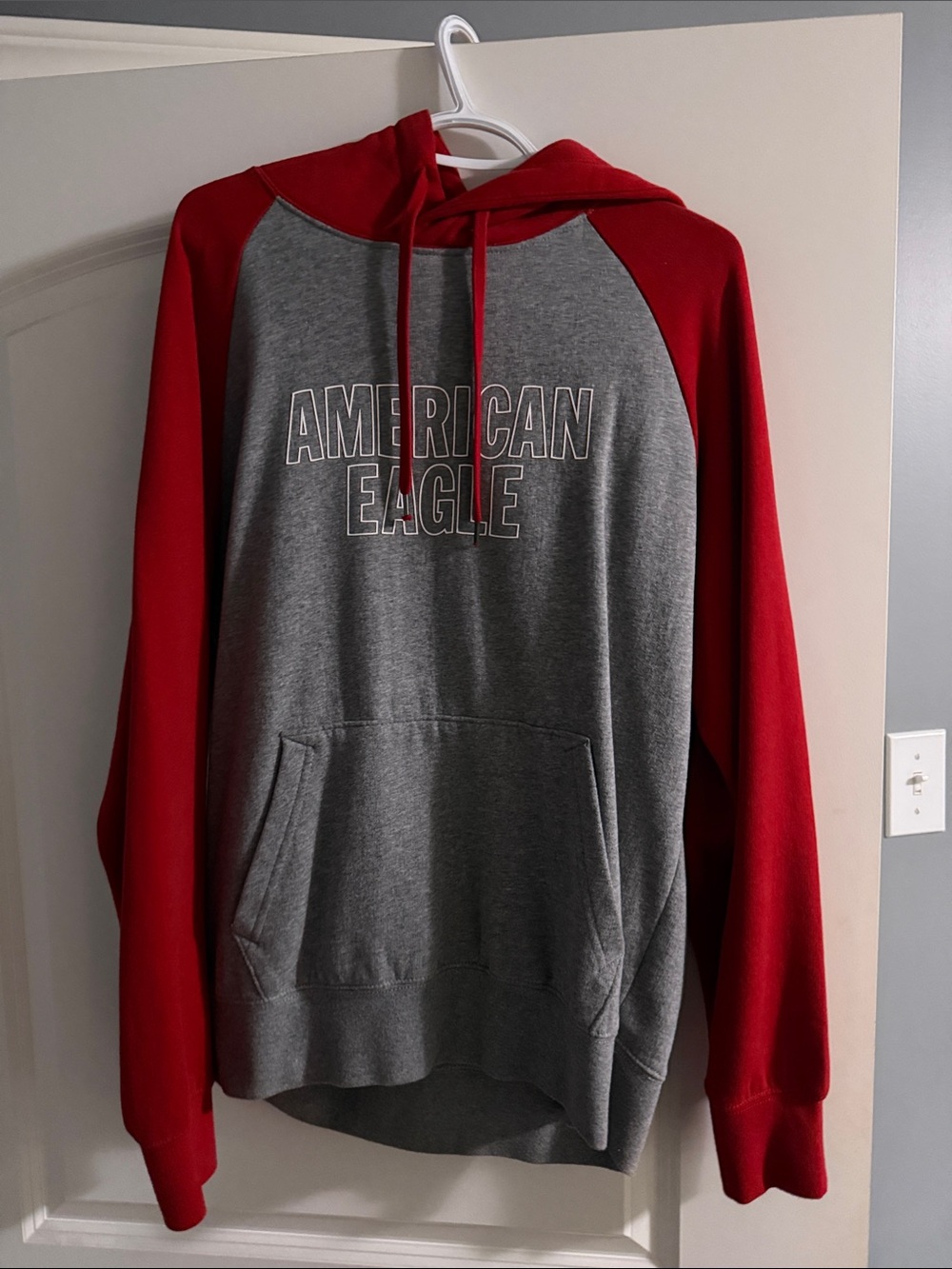 American Eagle Outfitters Gray Body with Red Raglan Hooded Sweatshirt